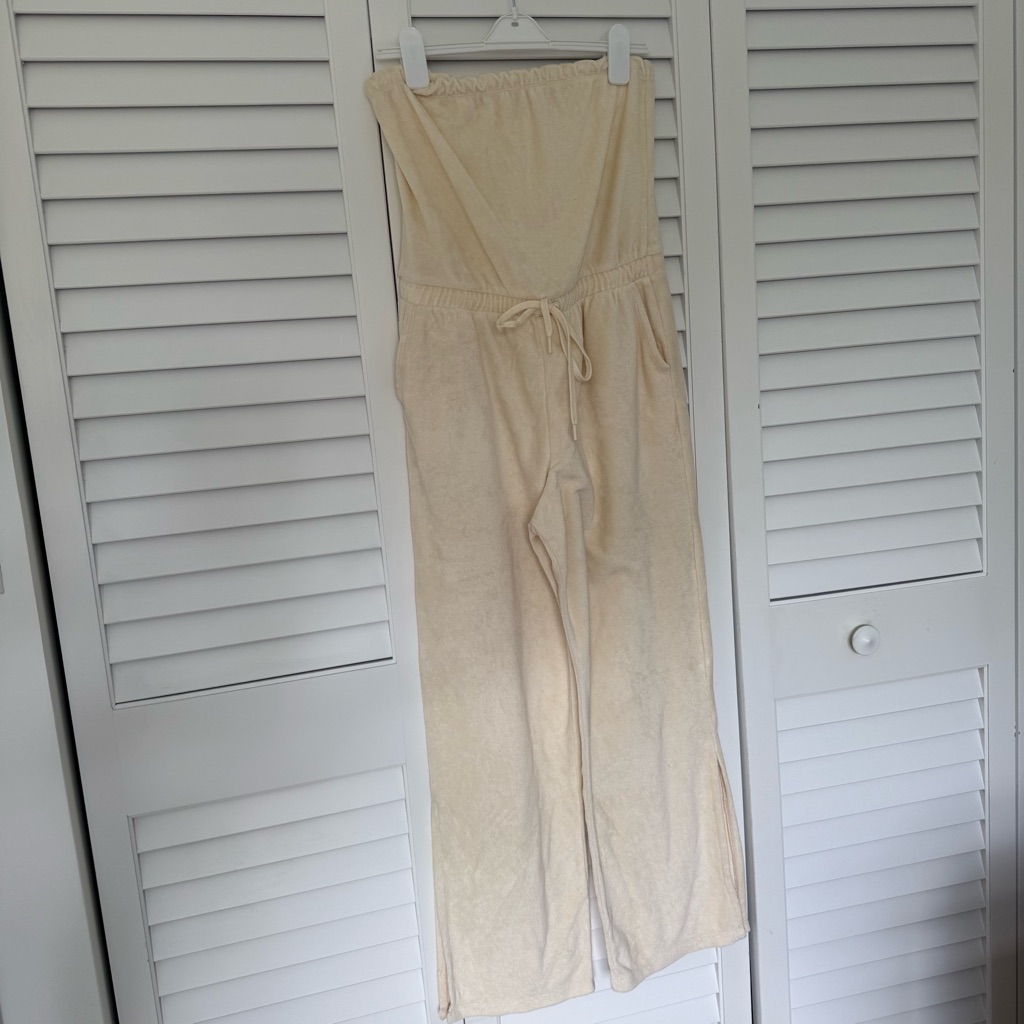 Beyond Yoga Cream Strapless Wide-Leg Jumpsuit With Drawstring